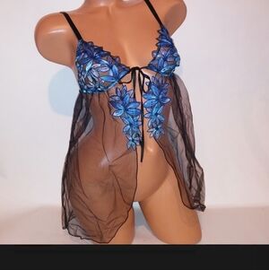 Victoria Secret Lingerie Babydoll S Black Blue Embroidered Floral Sheer Flyaway